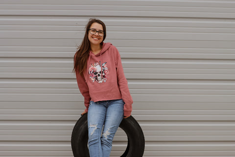 Cropped Skull with Flowers Hoodie