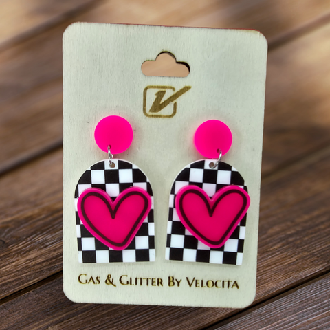 Checkered Board & Heart Earrings